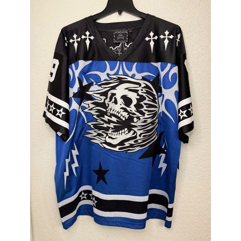 Rebel Vengeance Skull Graphic Mesh Hockey Jersey Blue Black Mens 3XL NWT